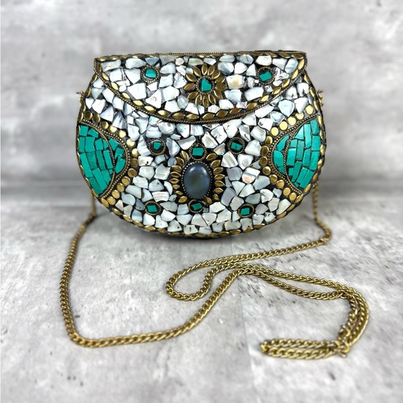 Boho Mosaic Stone Clutch Purse – Mother of Pearl, Turquoise & Brass, Handmade - Picture 1 of 11